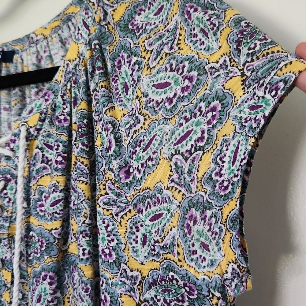 Chaps Womens Short Sleeve Laced Tie Neck Patterned Top Size Large - Picture 7 of 7